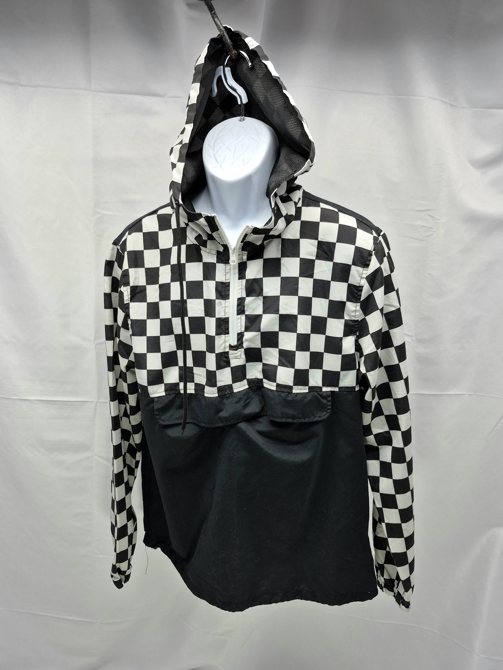 Carbon Brand Checkered Pullover Windbreaker Jacket Y2K Black & White Unisex M